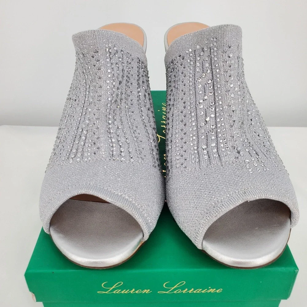 Lauren Lorraine Martha Silver Rhinestone Wedge Mules Peep Toe Sandals Womens 10